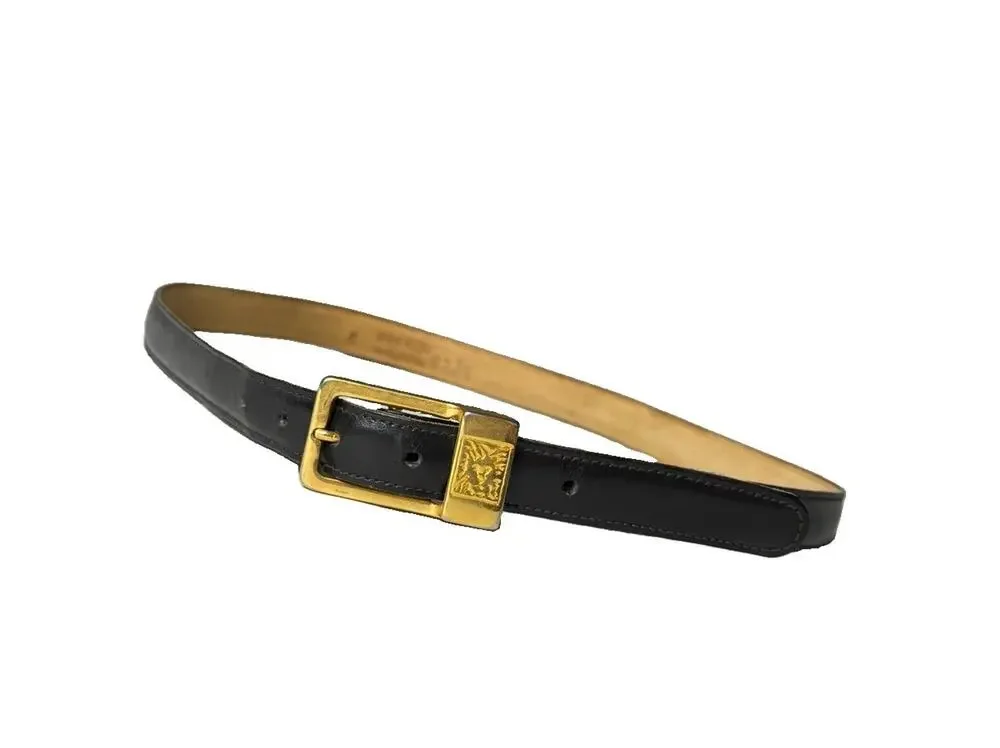 Anne Klein Vintage Womens Belt Lion Head Buckle Smooth Black Leather 90s Sz M